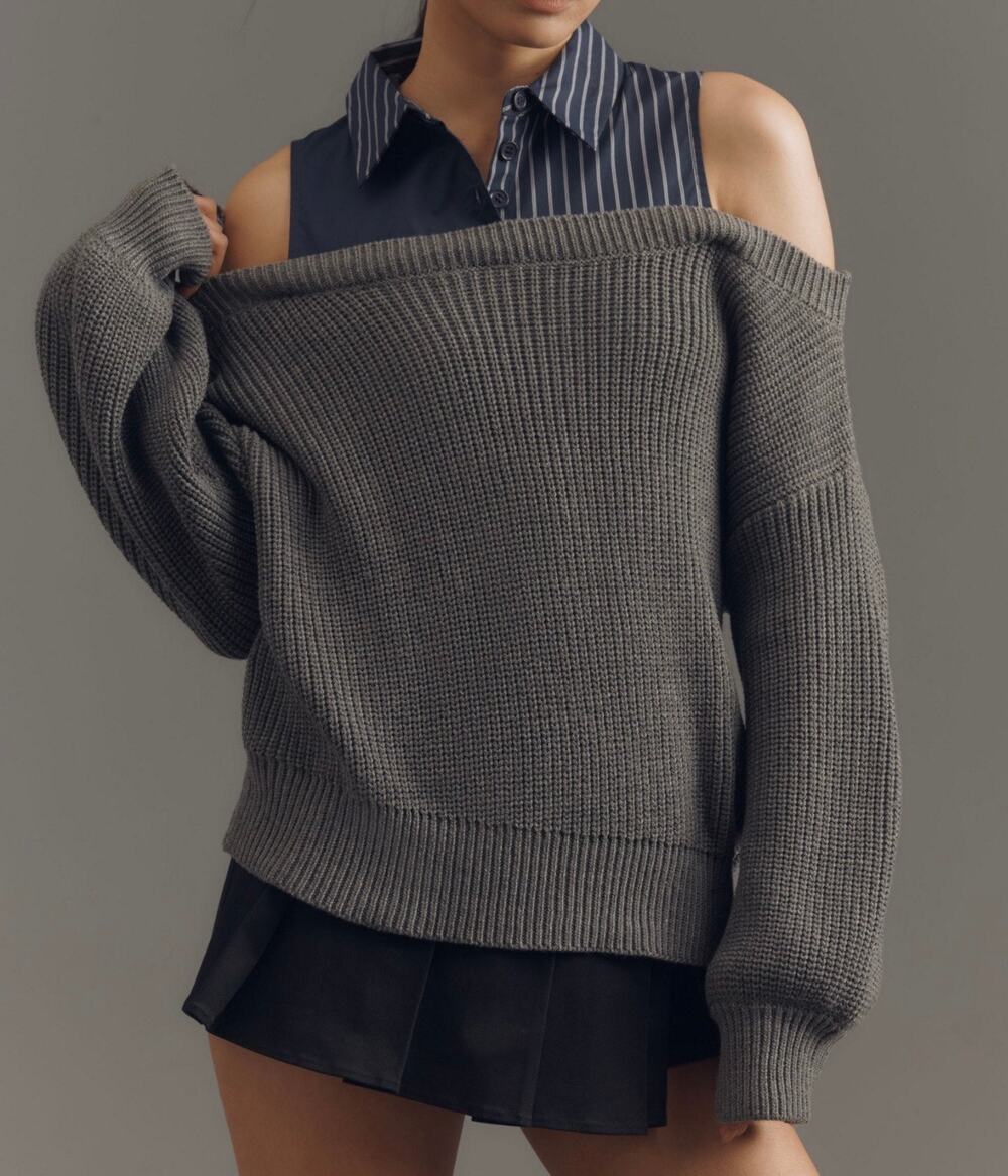 En Saison Mixed Media Layered Sweater Top M Gray Navy Striped Preppy